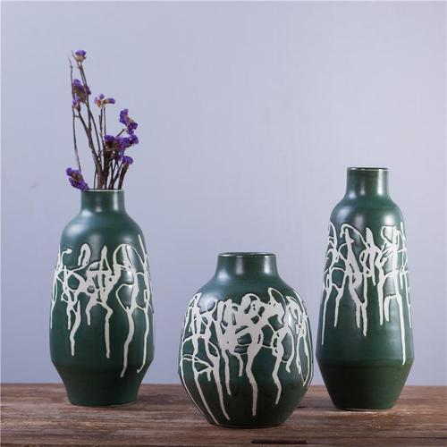 三件套绿色花瓶 高温颜色釉手绘艺术 桌面陶瓷器工艺品摆件国风